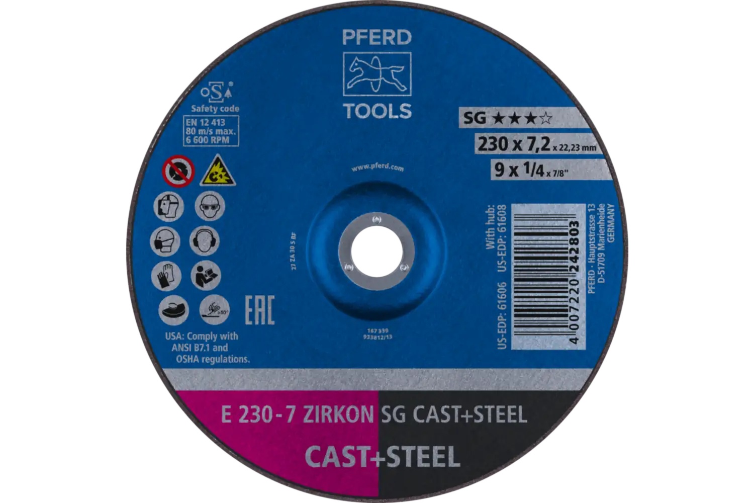 Picture of Pferd Grinding Wheel, 9" X 1/4 X 7/8, Zircon Sg Cast+Steel, T27, Za, Ao